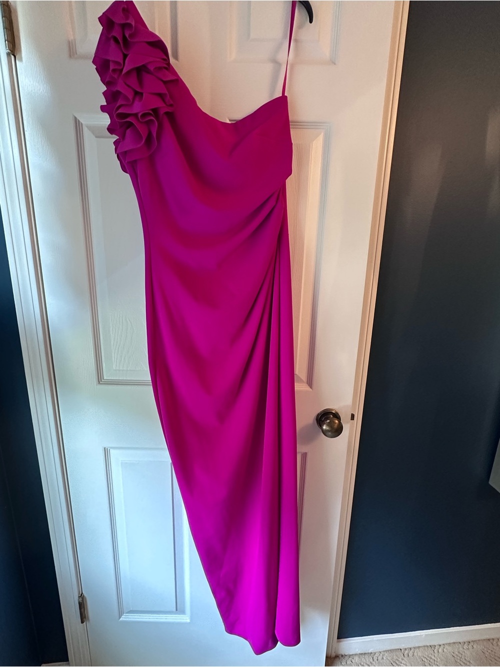 Xscape One-Shoulder Ruffle Fuchsia Gown
